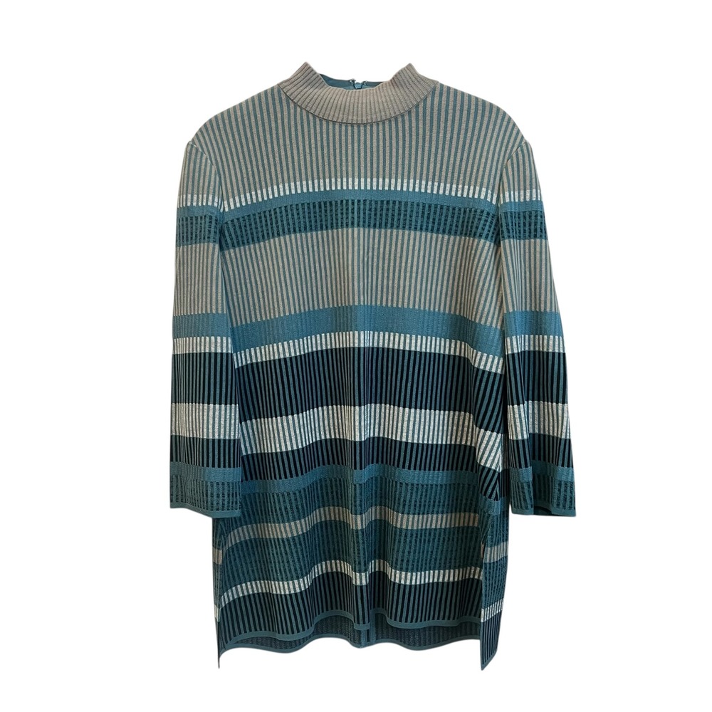 Misook Green Tan Striped Mock Neck Knit Sweater‎ Pullover 3/4 Sleeves Retro